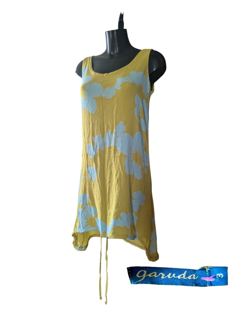 Garuda Tropical Floral Crinkle Knit Tunic Dress Tank Top Size 3 Yellow Blue